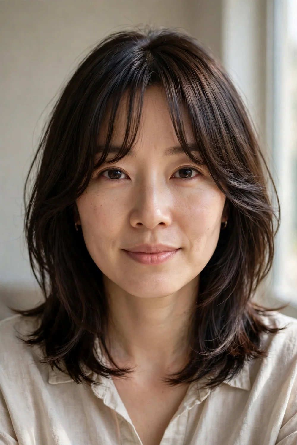 Curtain bangs with forward layers falling on both sides of the face