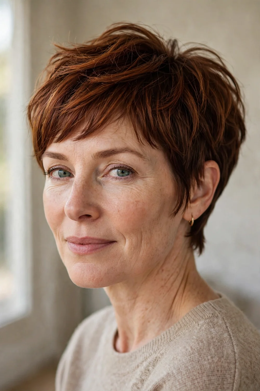 Bixie cut between a bob and a pixie with textured layers on top