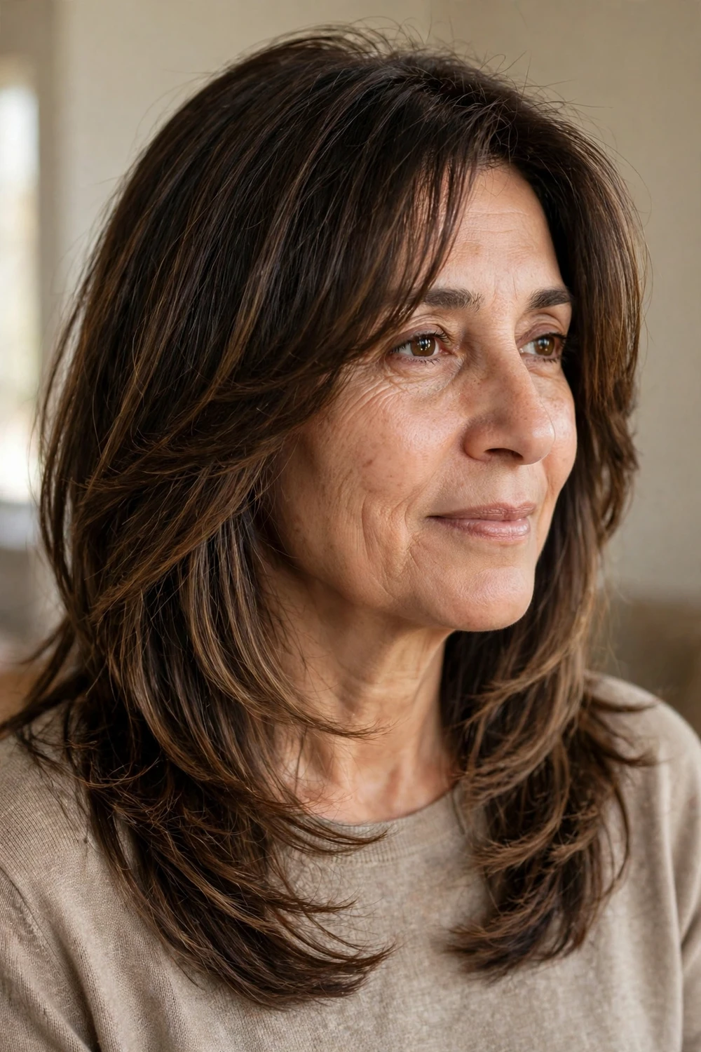 Long face-framing layers on a woman over 50 with fine hair