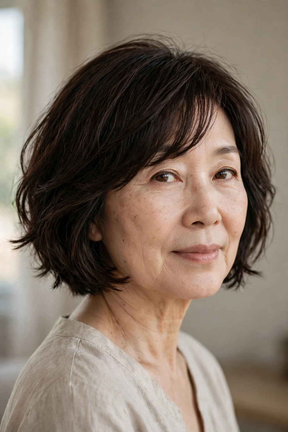 French bob with side bangs on a woman over 50 with fine hair