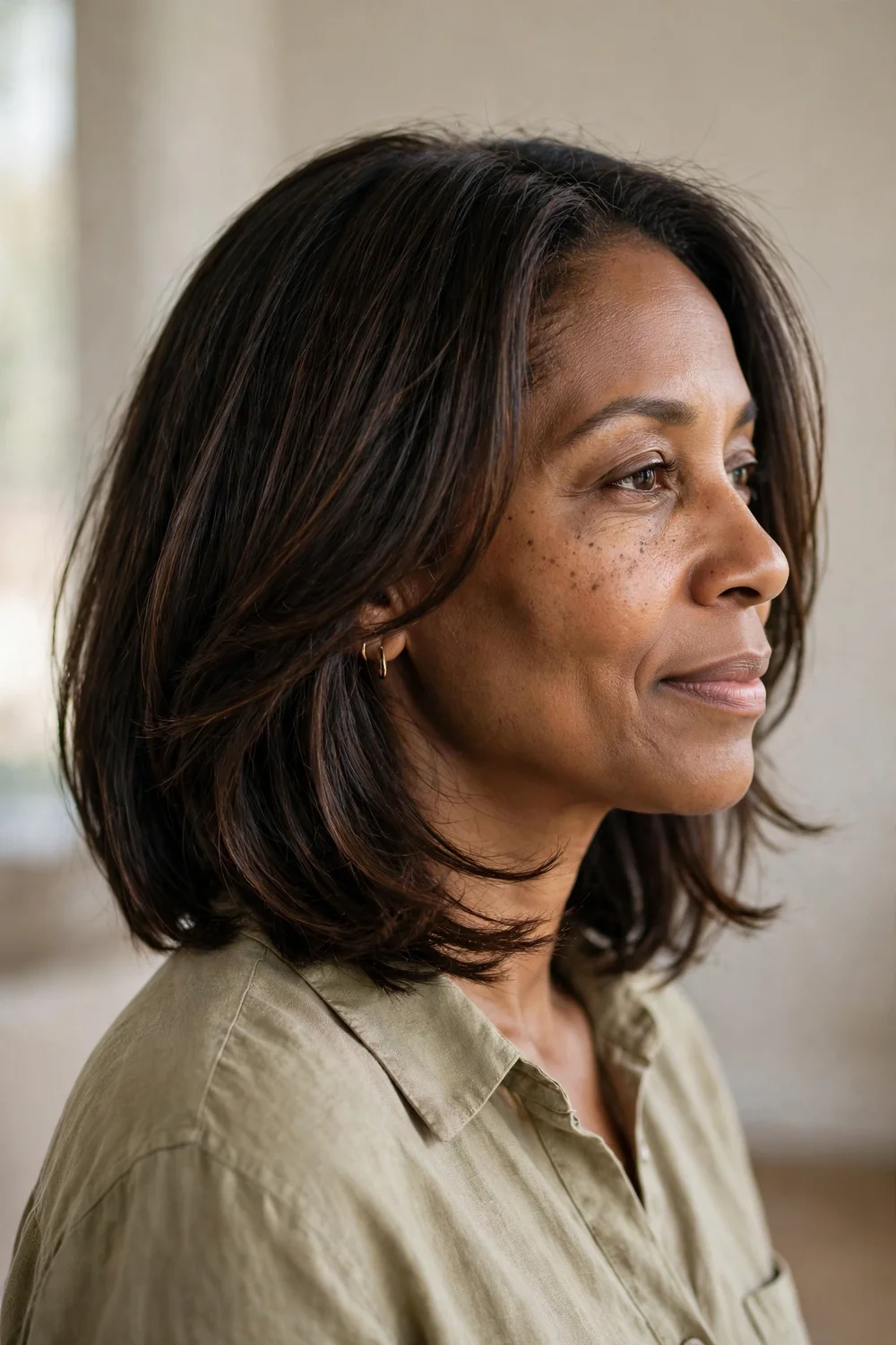 Grown-out bob between chin and collarbone with soft face-framing pieces