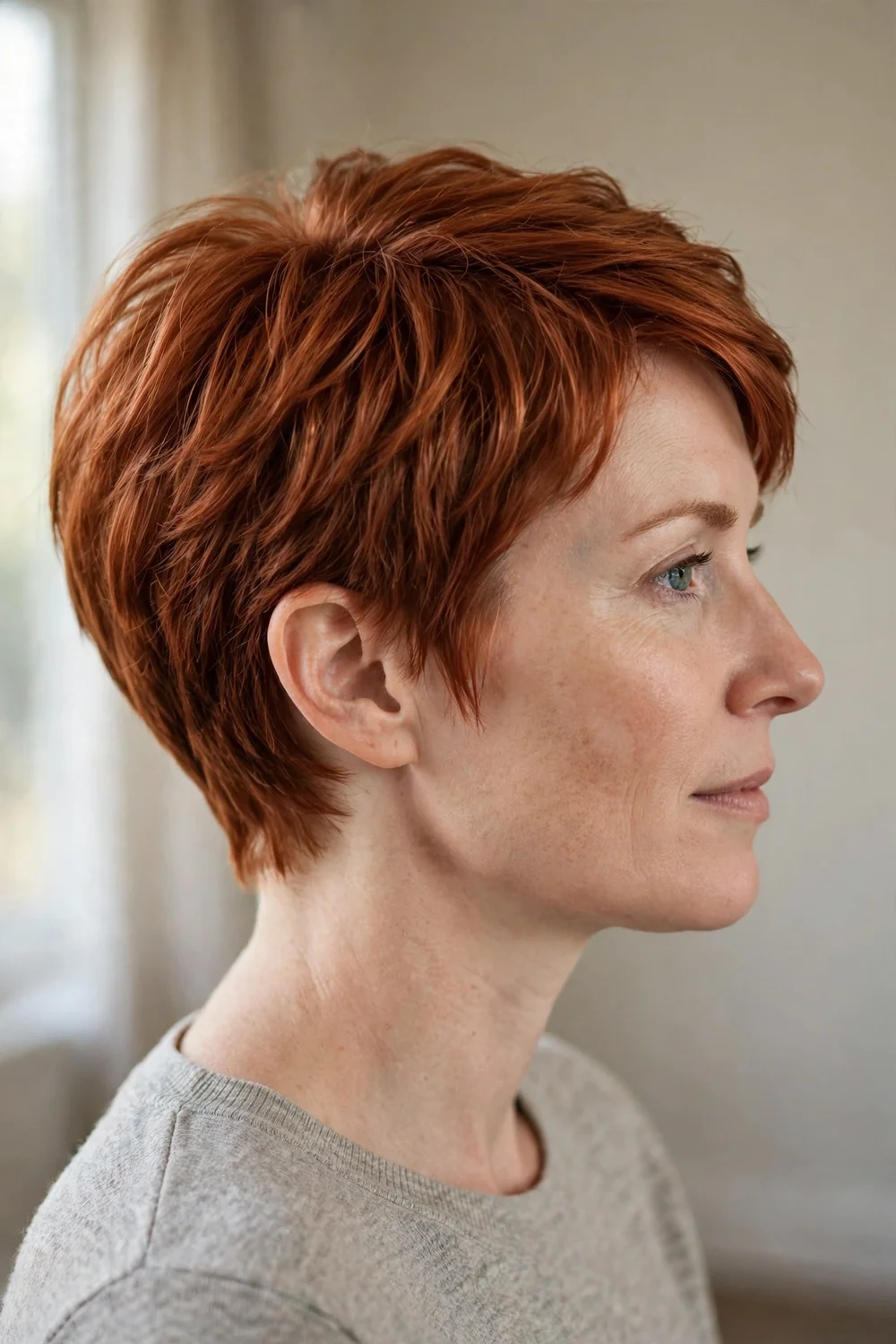 Grown-out pixie with soft piecey layers in the three to five inch range