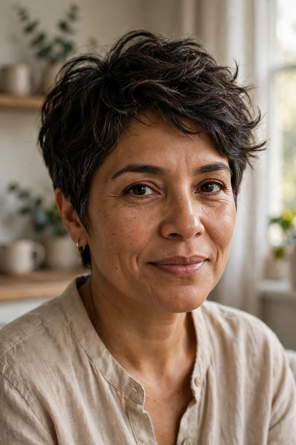 Woman with a low maintenance wash-and-wear haircut ready for a busy morning