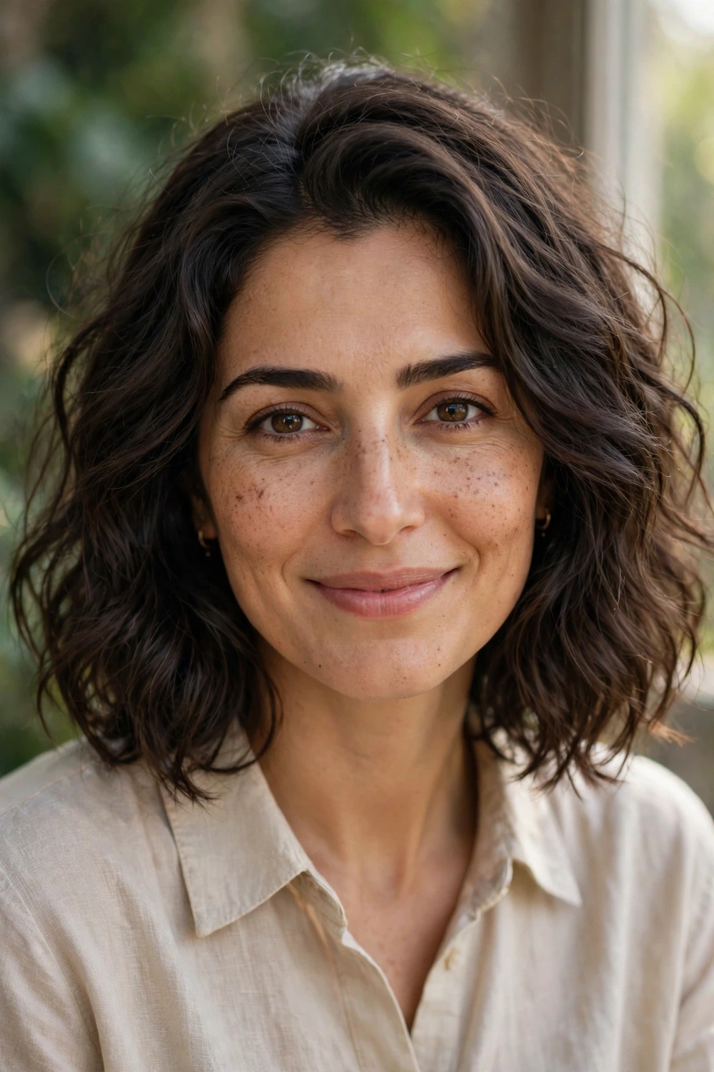 Woman in her 30s with an air-dried lob haircut, natural waves with controlled frizz