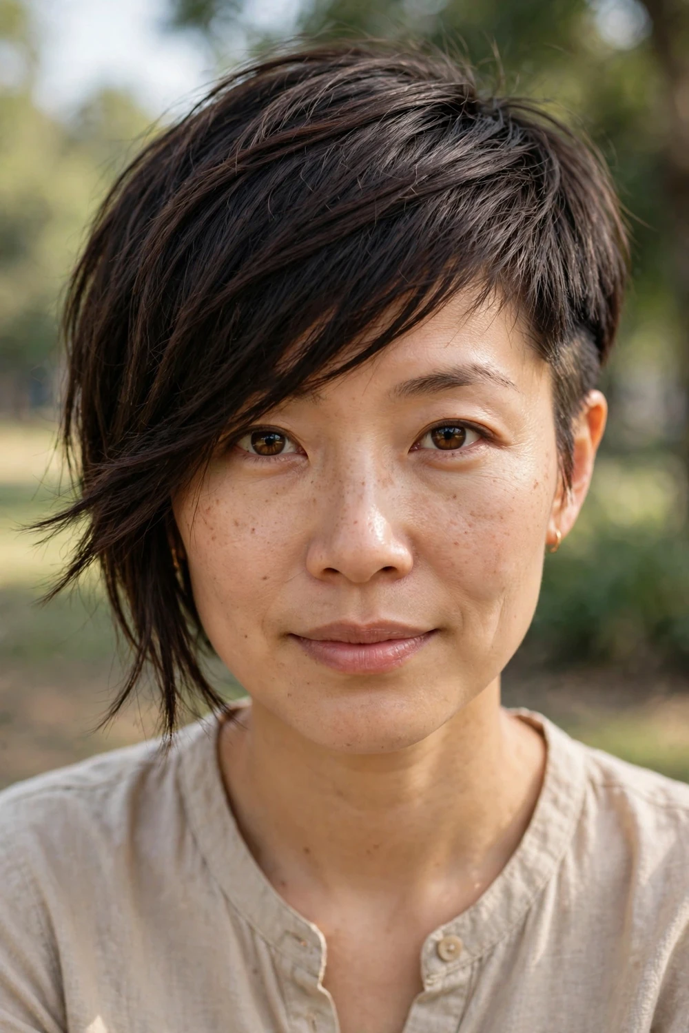 Woman in her 30s with an asymmetrical pixie haircut, one side longer taming frizzy texture