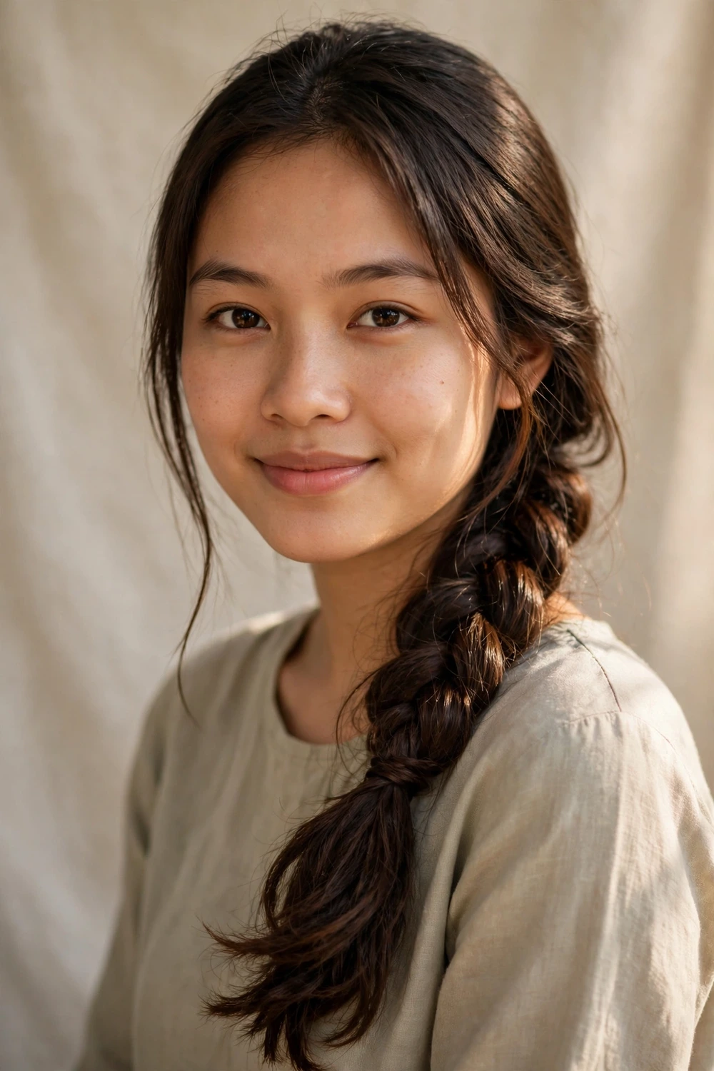 Woman in her 20s with long layered hair styled in a loose braid, frizz contained in protective style