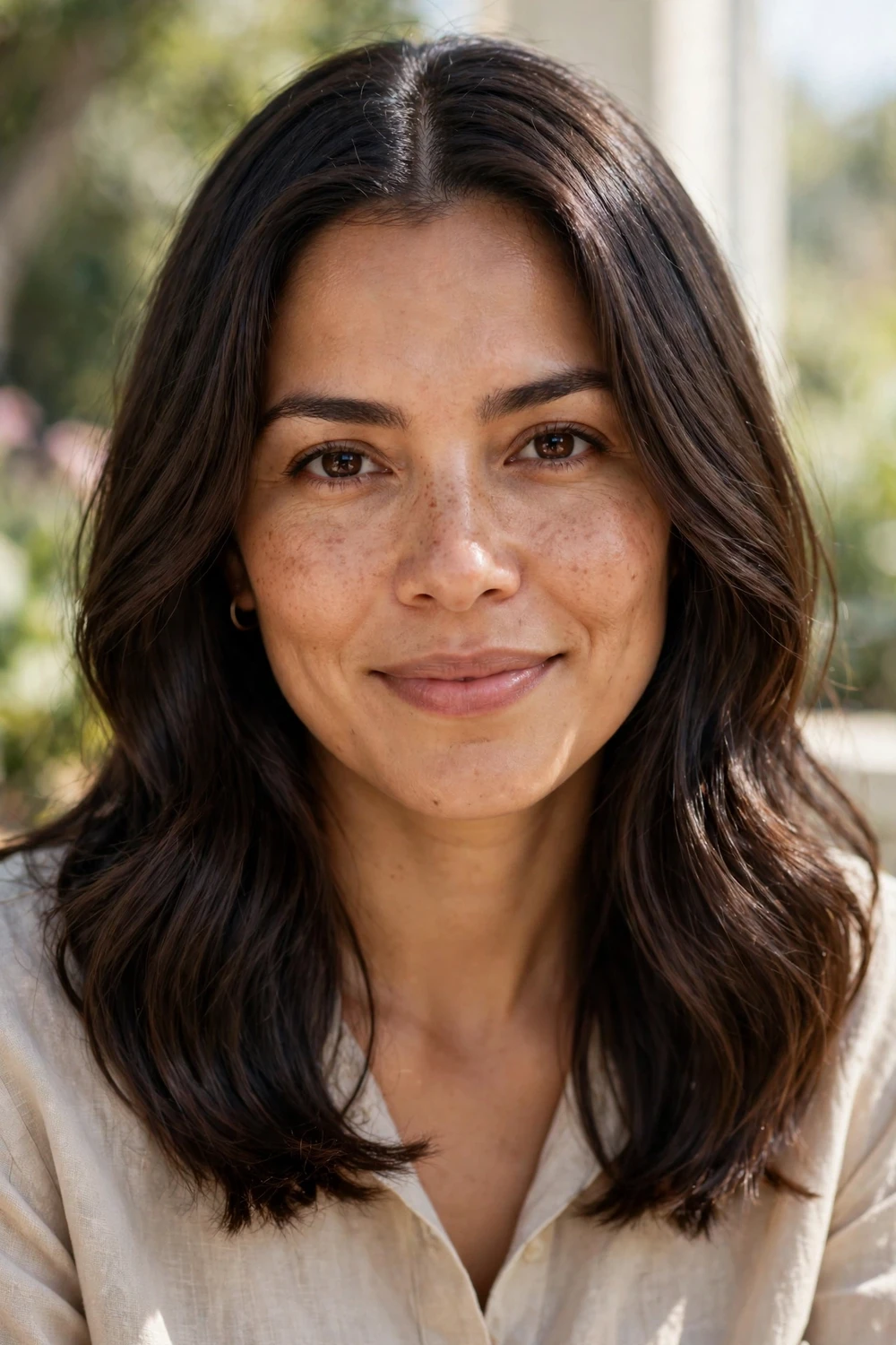 Woman in her 30s with a collarbone-length haircut with long internal layers, smooth frizz-controlled waves