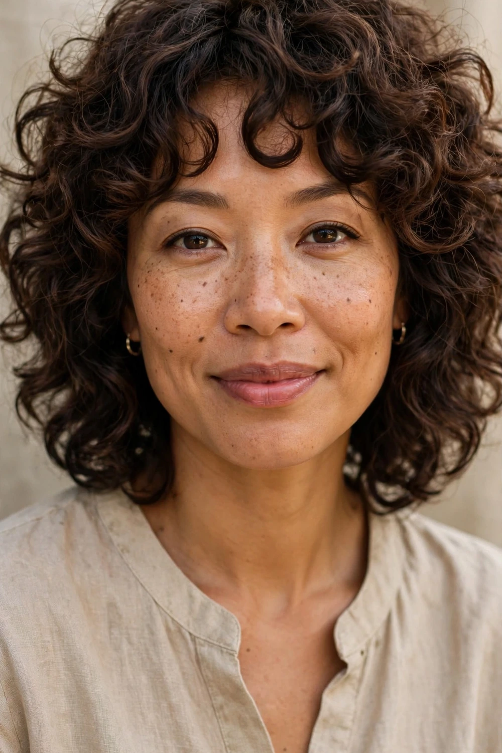 Woman in her 30s with a curly shag haircut, defined curls with layers shaping frizz into volume