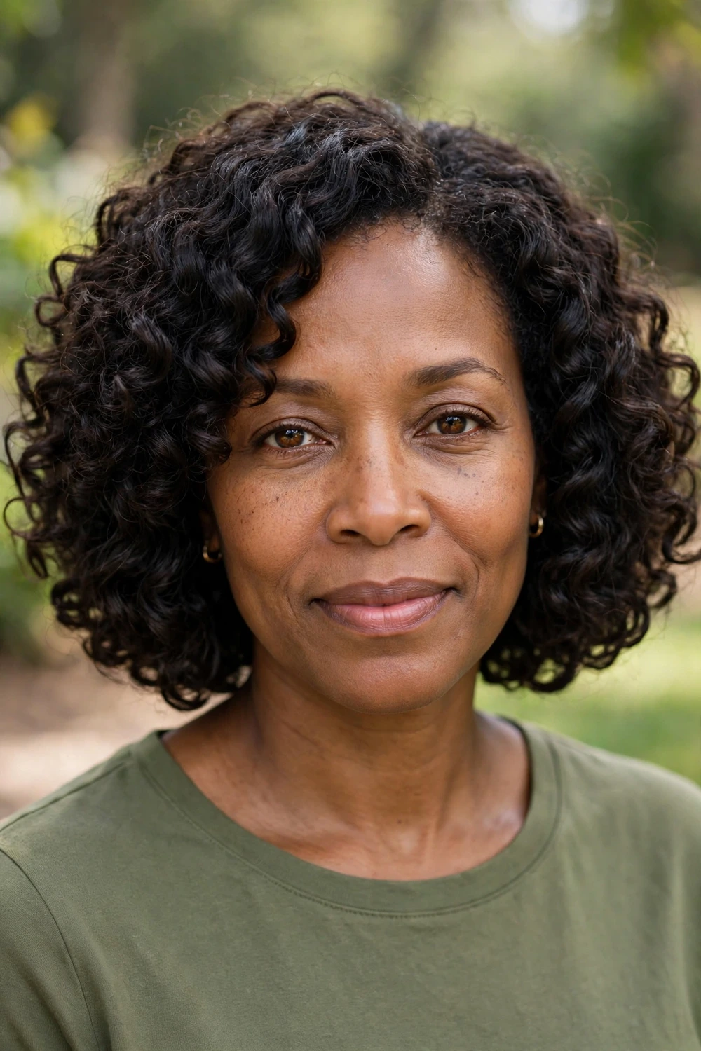 Woman in her 40s with a curly wash-and-go bob, defined curls with frizz tamed into shape