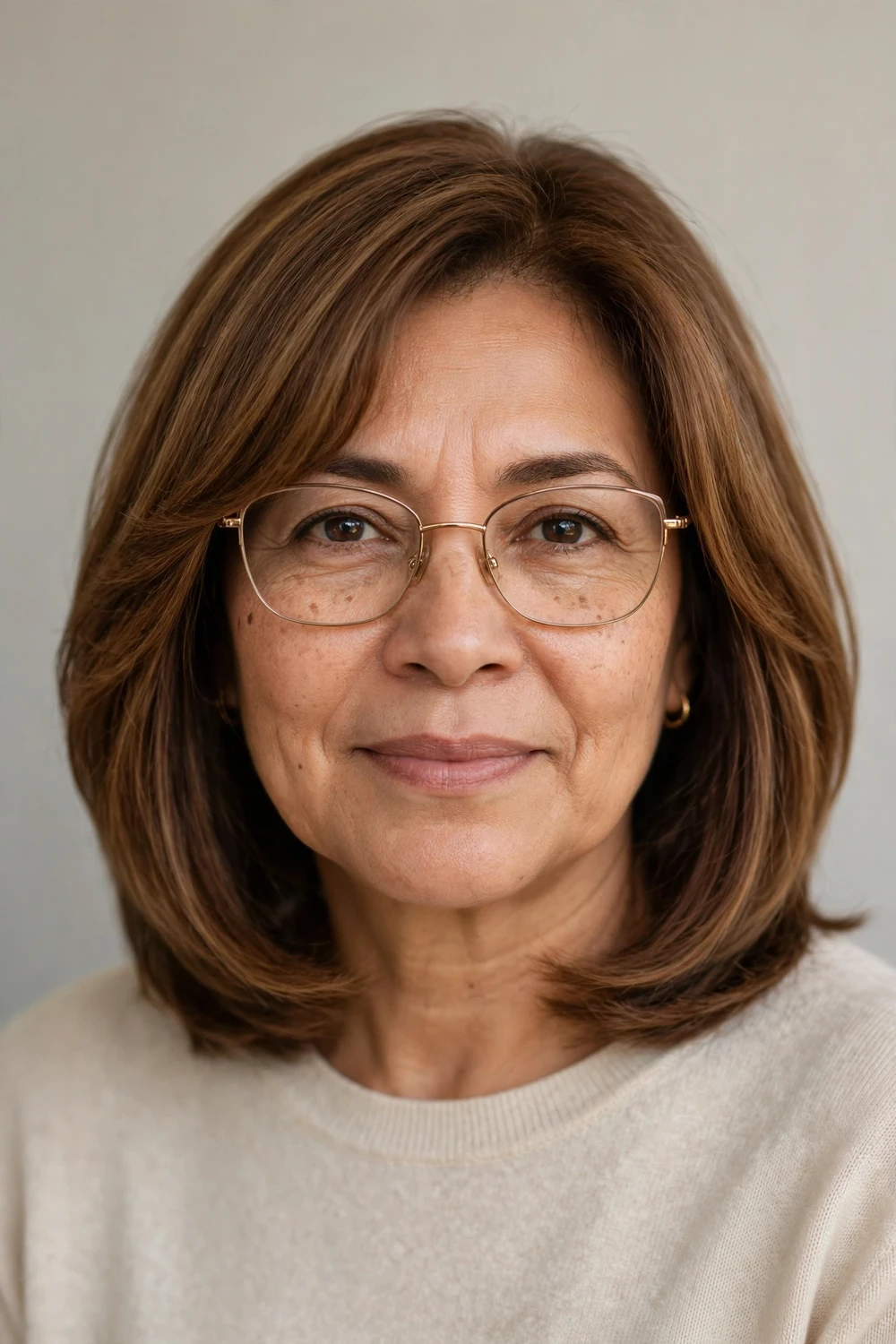 Woman in her 50s with glasses wearing a shoulder-length haircut with diagonal halo layers framing softly