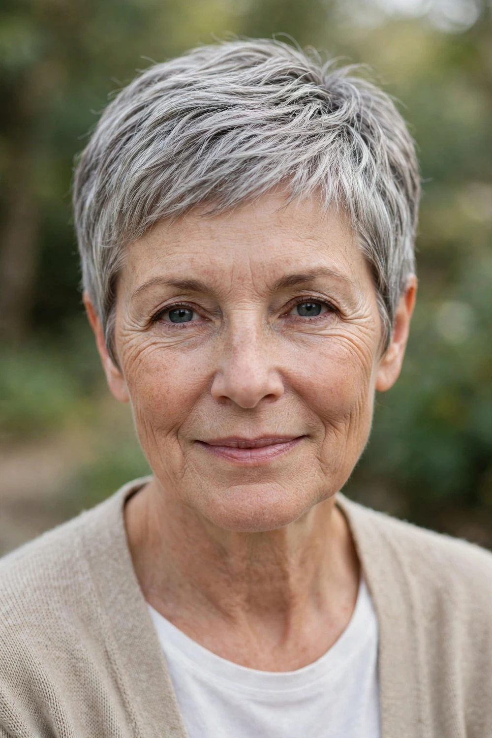 Woman in her 60s with a short pixie crop haircut, fine frizzy hair smoothed into shape