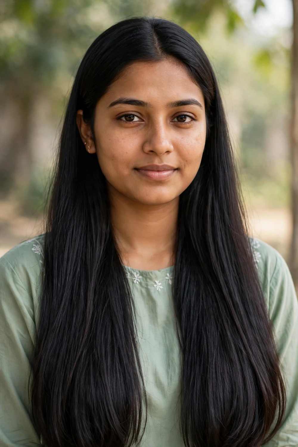 Woman in her 20s with long one-length dark hair, weight smoothing frizzy texture