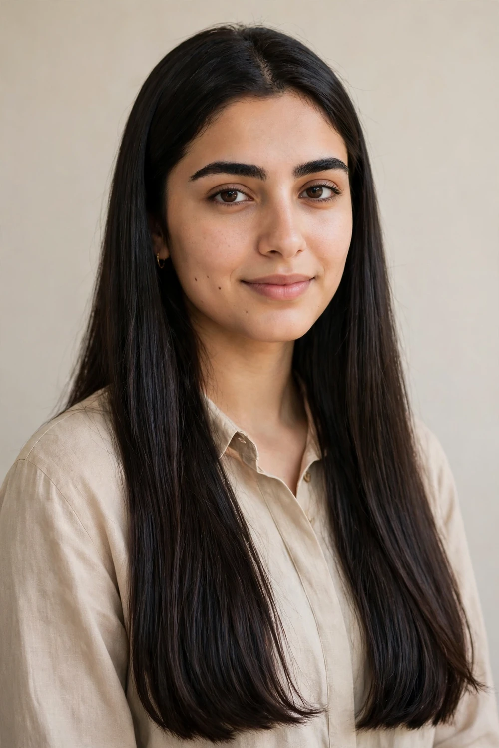 Young woman with mid-back length hair with freshly dusted ends, frizz controlled at the perimeter