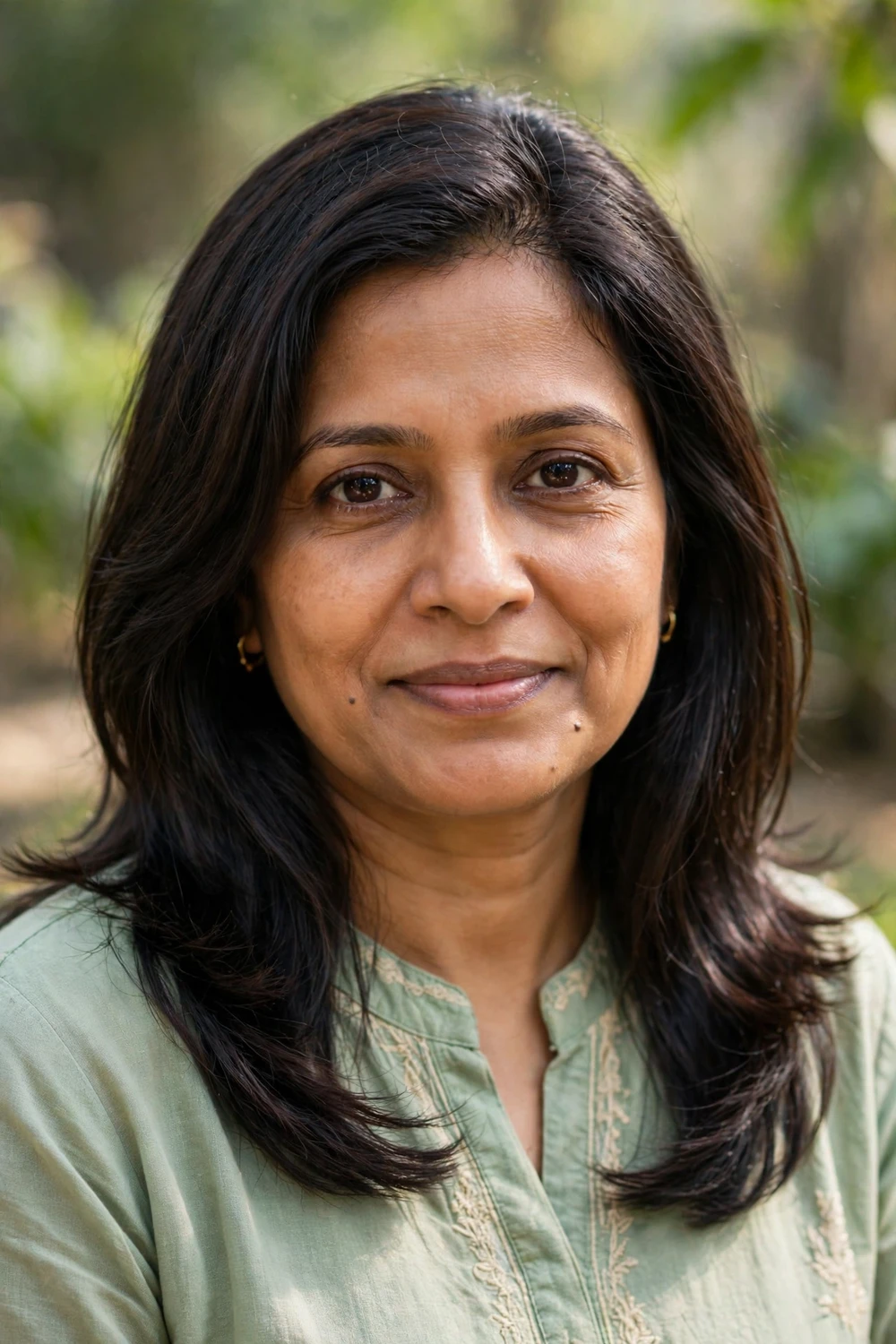 Woman in her 40s with a mid-length haircut with no bangs, long layers keeping frizz smooth