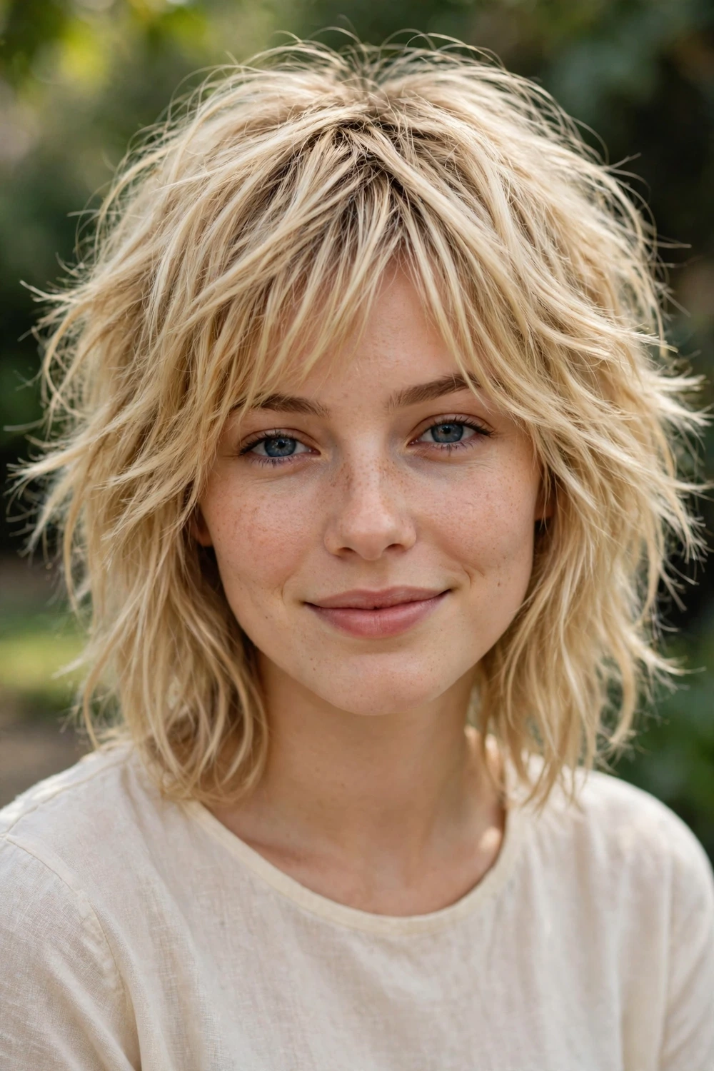 Young woman with a shaggy lob haircut with textured layers embracing natural frizz texture