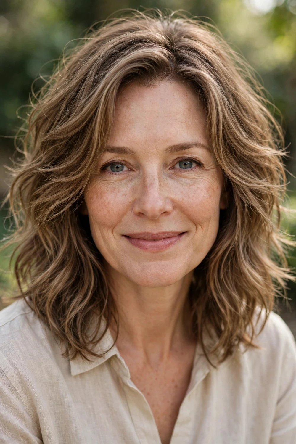 Woman in her 40s with a shoulder-length soft shag haircut with feathered layers taming frizzy hair