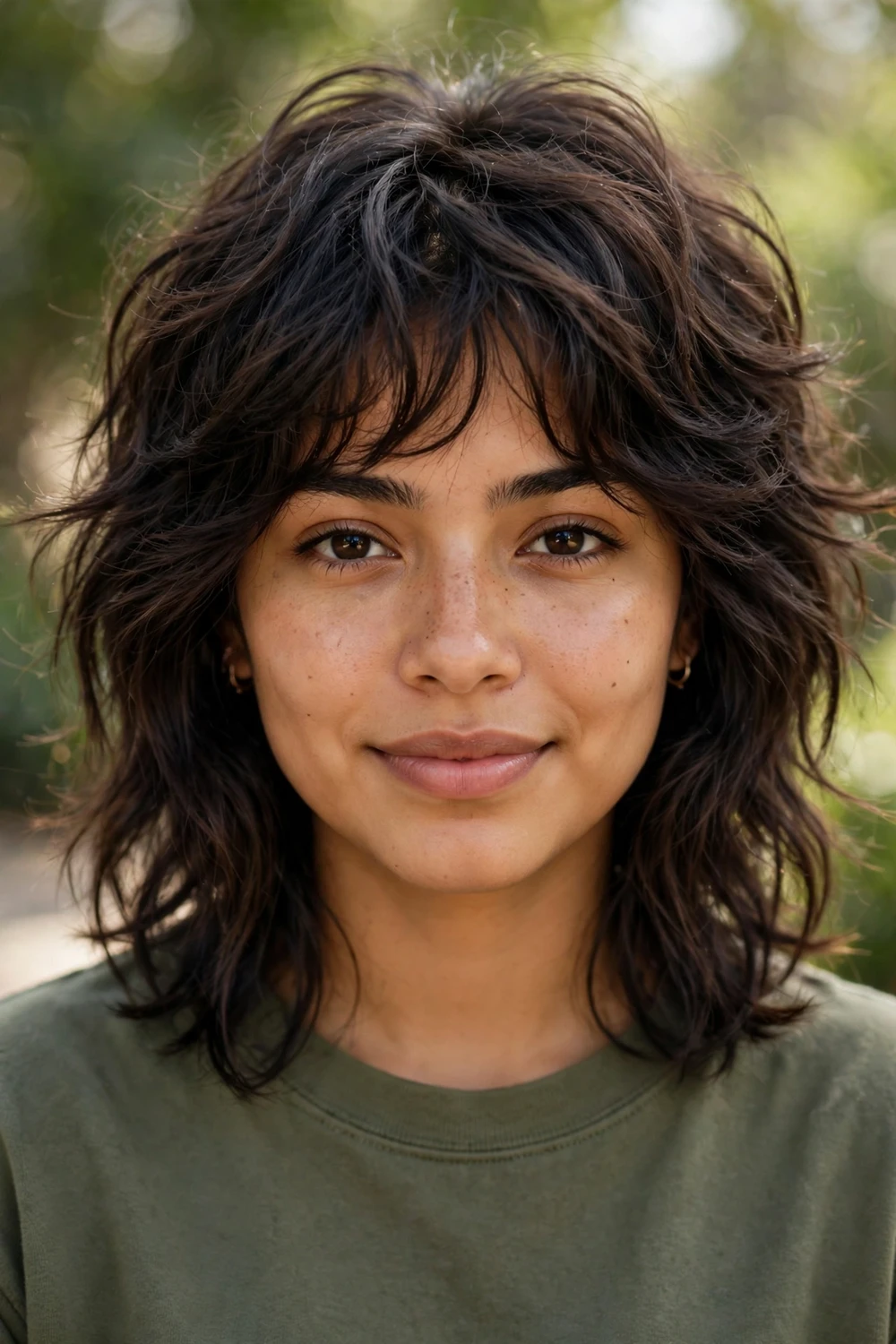 Young woman with a soft wolf cut haircut, layered crown with wispy ends managing frizz