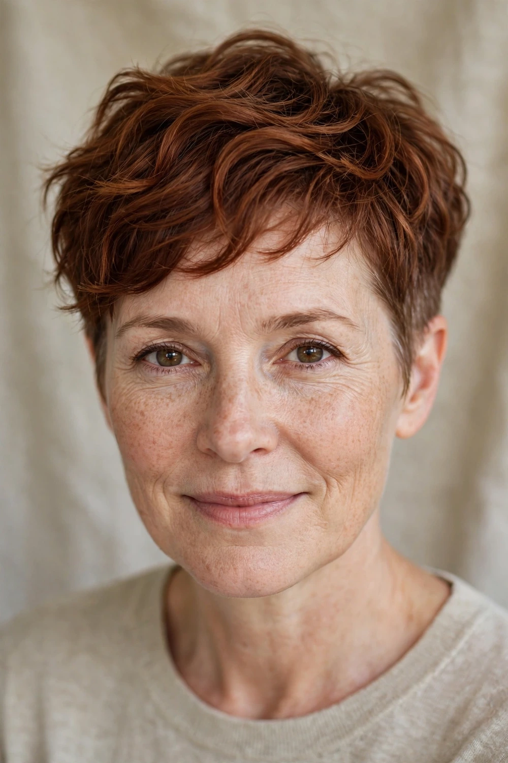 Woman in her 40s with a textured pixie crop with longer top, wavy frizz styled with fingers