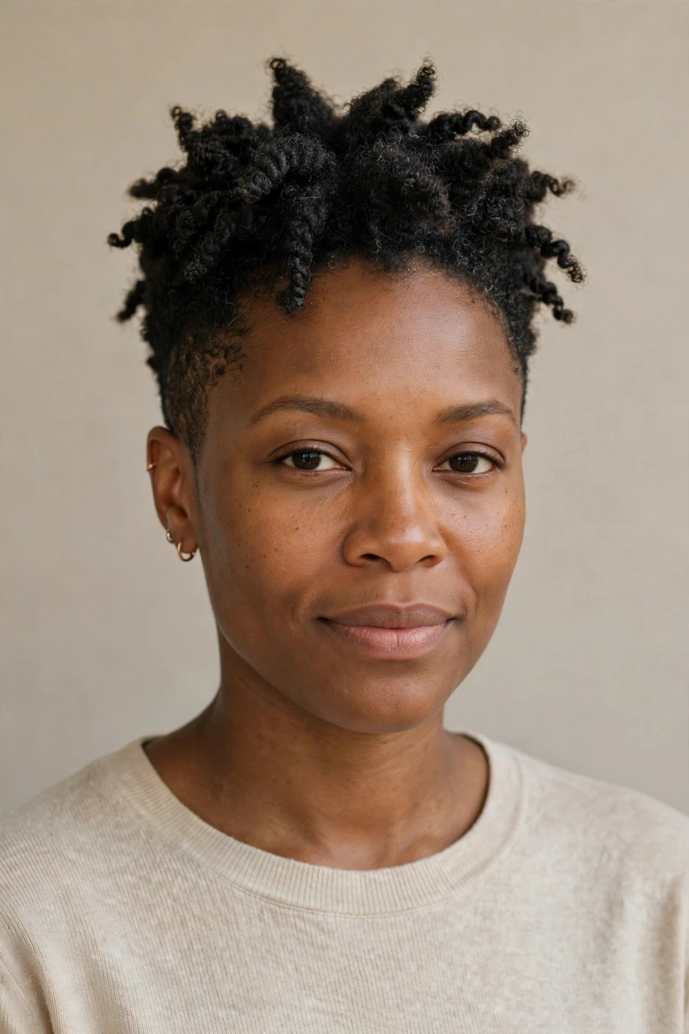 Woman in her 30s with a twist-out tapered haircut, defined twists with frizz worked into texture