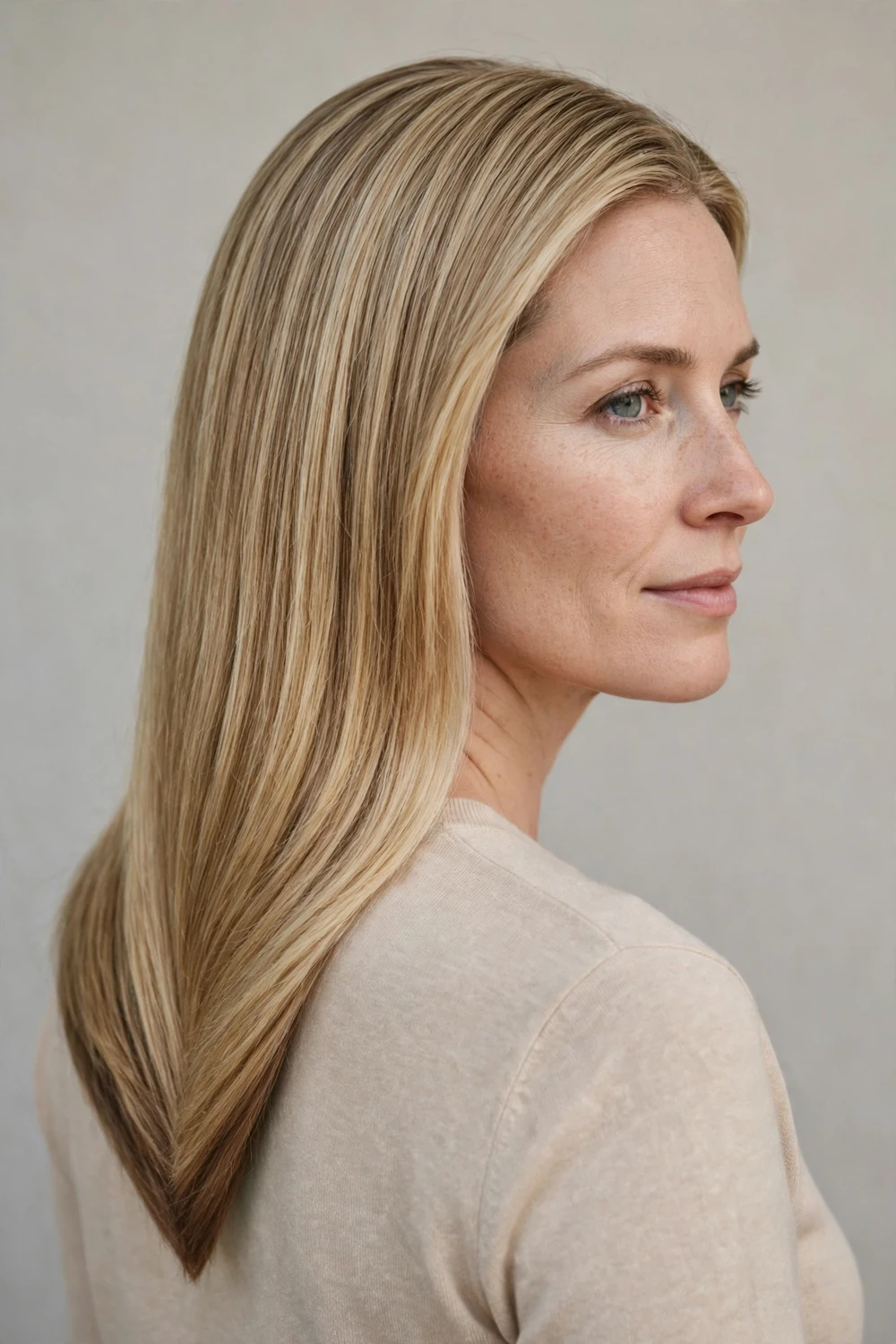 Woman in her 30s with a V-cut haircut with internal layers removing weight from thick frizzy hair