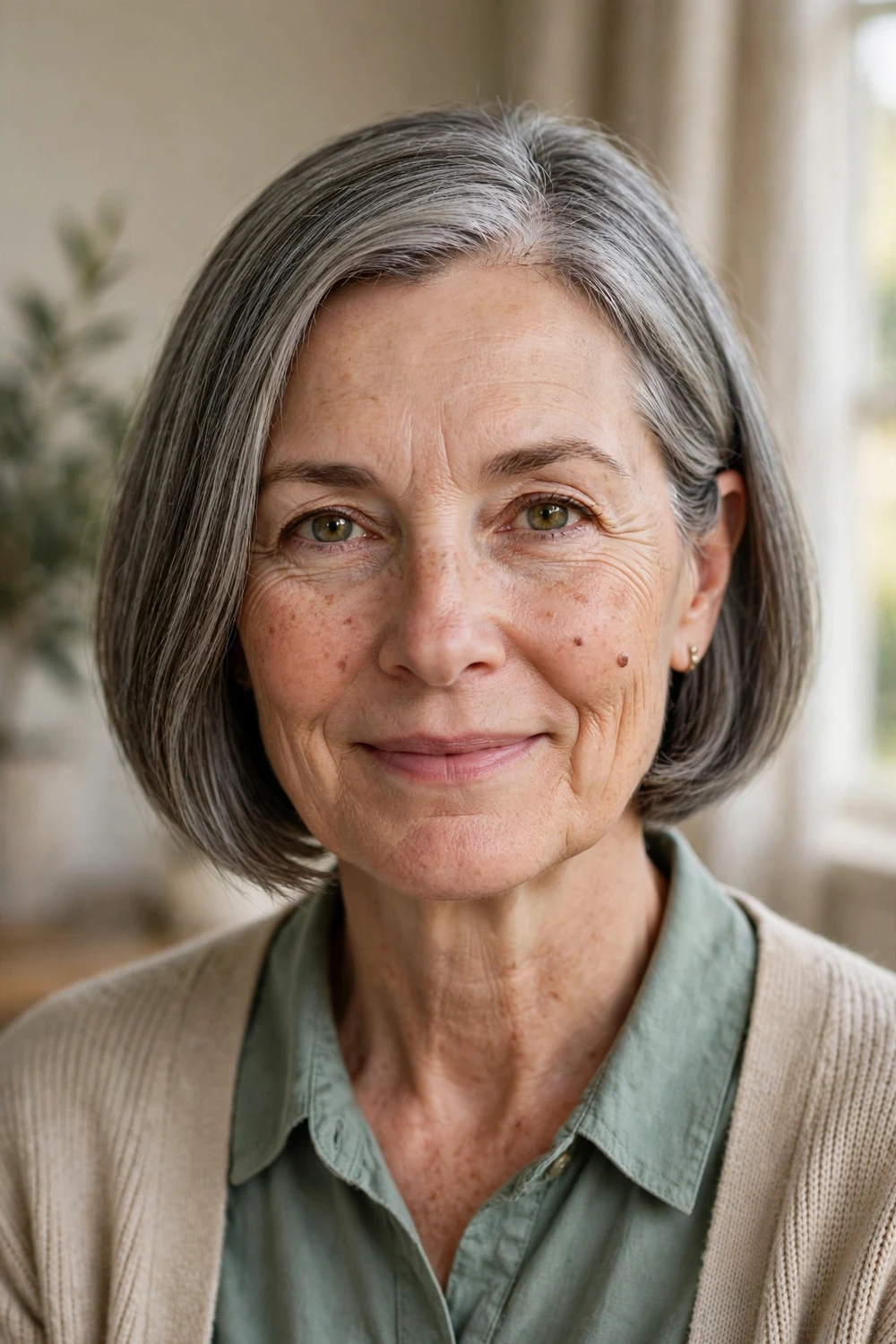 White woman in her 50s with a gray-blended A-line bob with a thinned interior