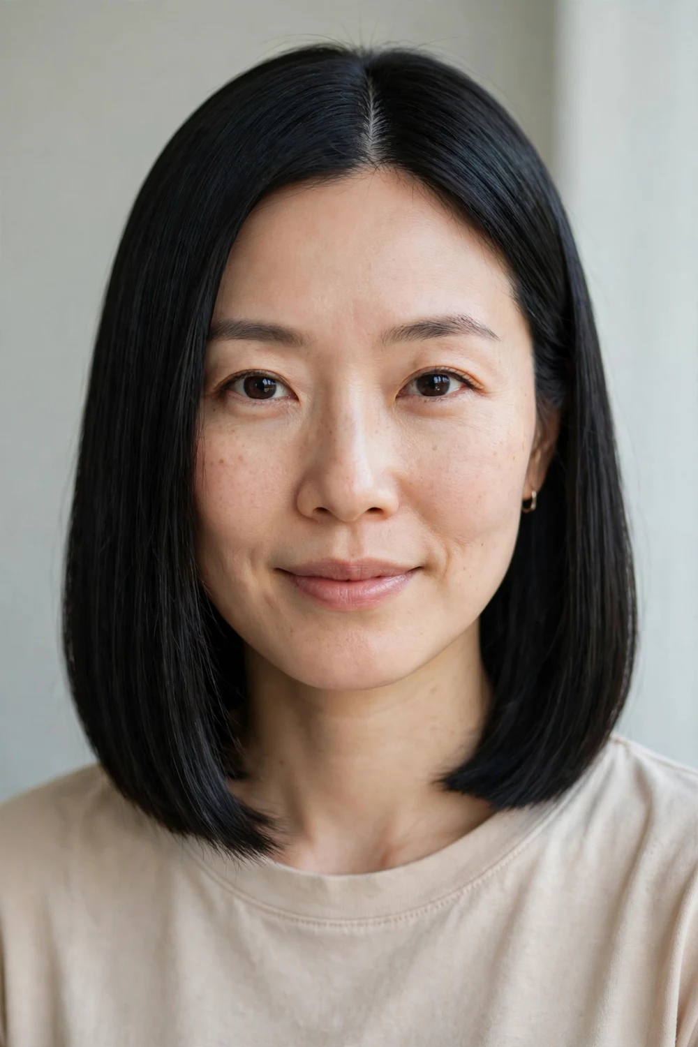 East Asian woman in her 30s with straight black hair in a blunt collarbone-length bob