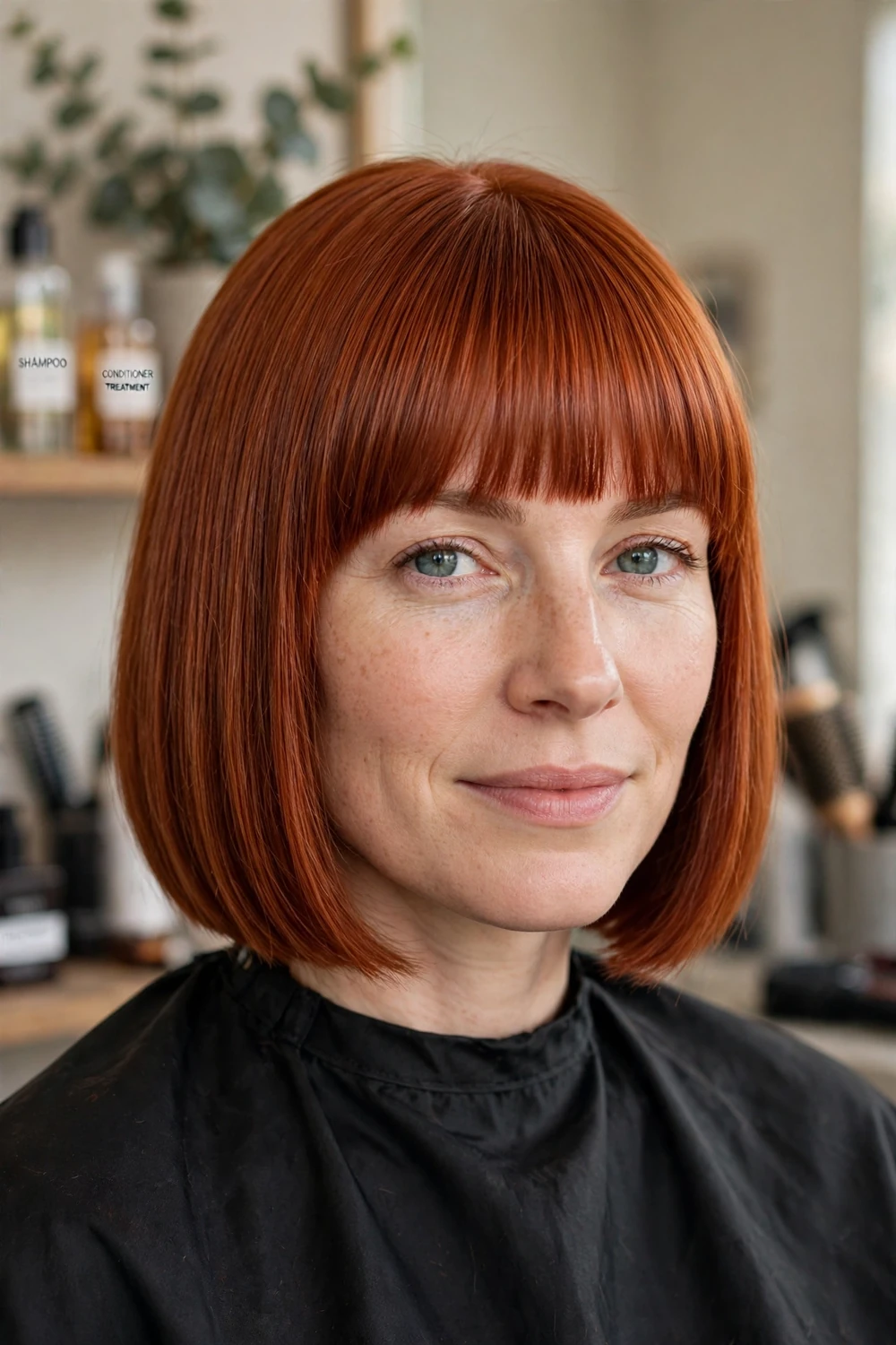 White woman in her 30s with a copper-red blunt bob and full straight-across fringe