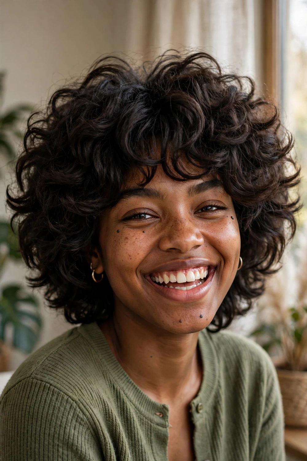 Black woman in her 20s with a voluminous curly shag haircut with a rounded shape