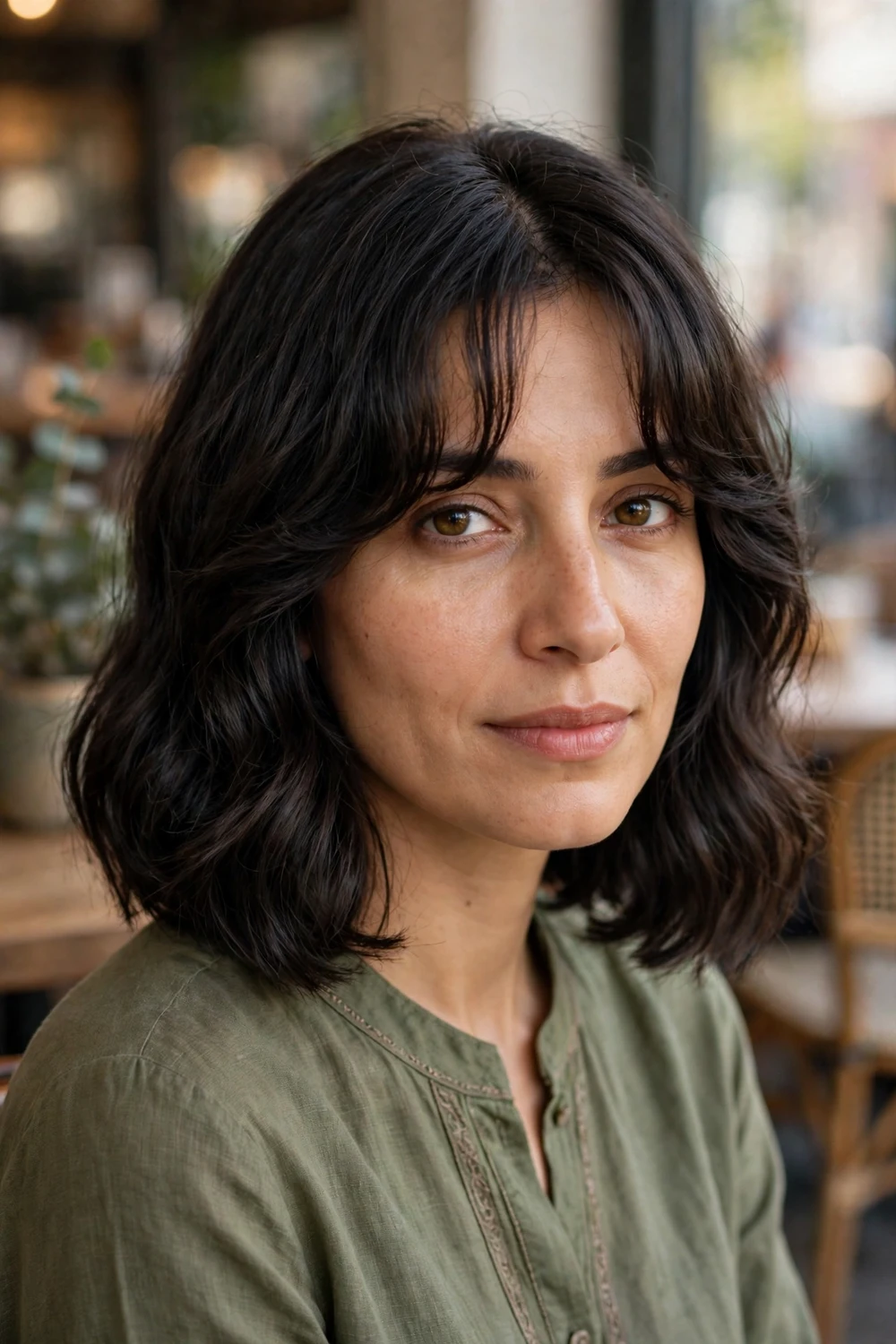 Middle Eastern woman in her 30s with a dark lob and curtain bangs parted in the middle