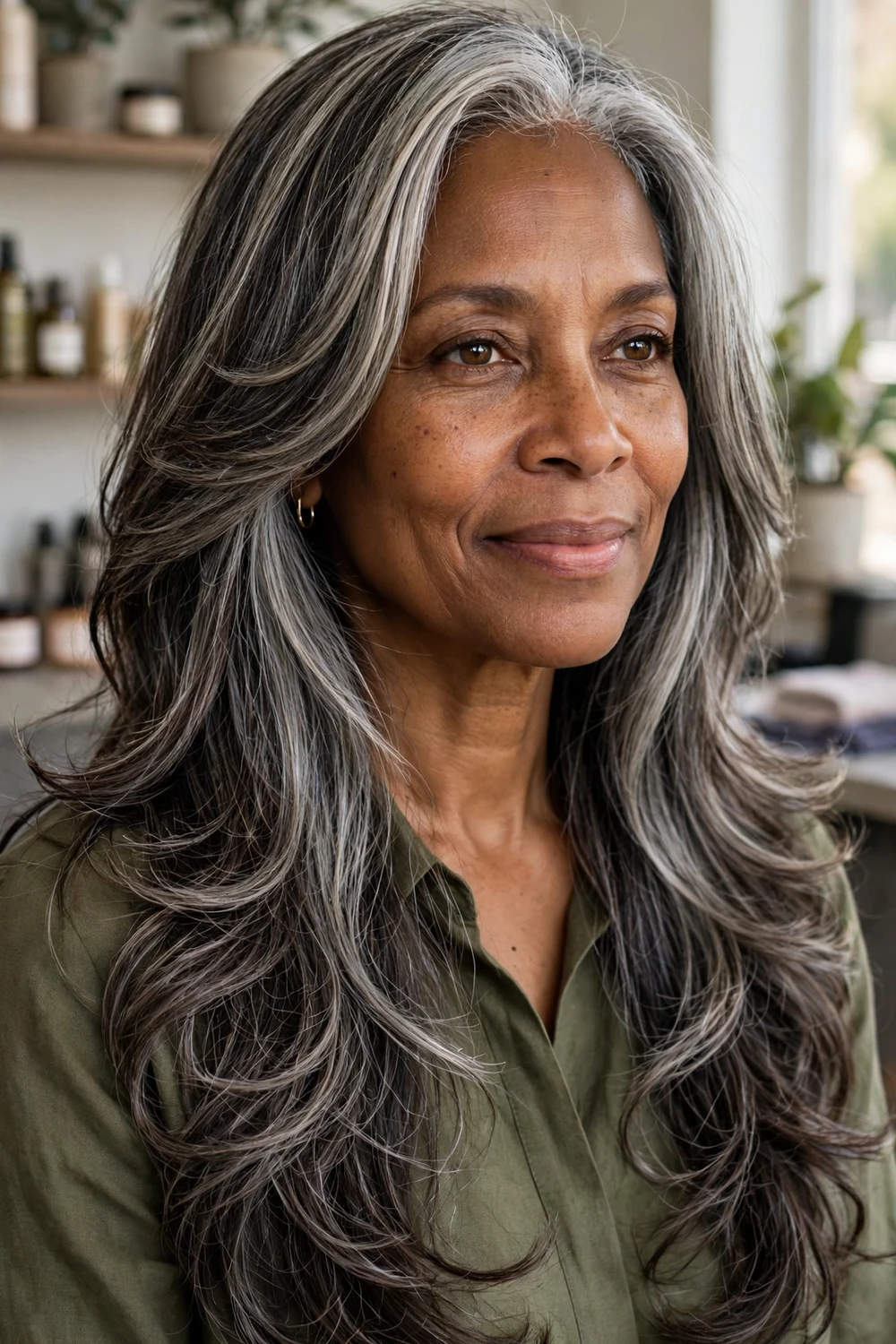 Black woman in her 50s with silver-streaked long layered hair that grows out gracefully