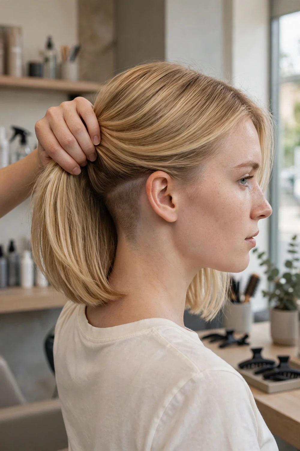 White woman in her 20s with a blonde lob and a hidden shaved undercut panel at the nape