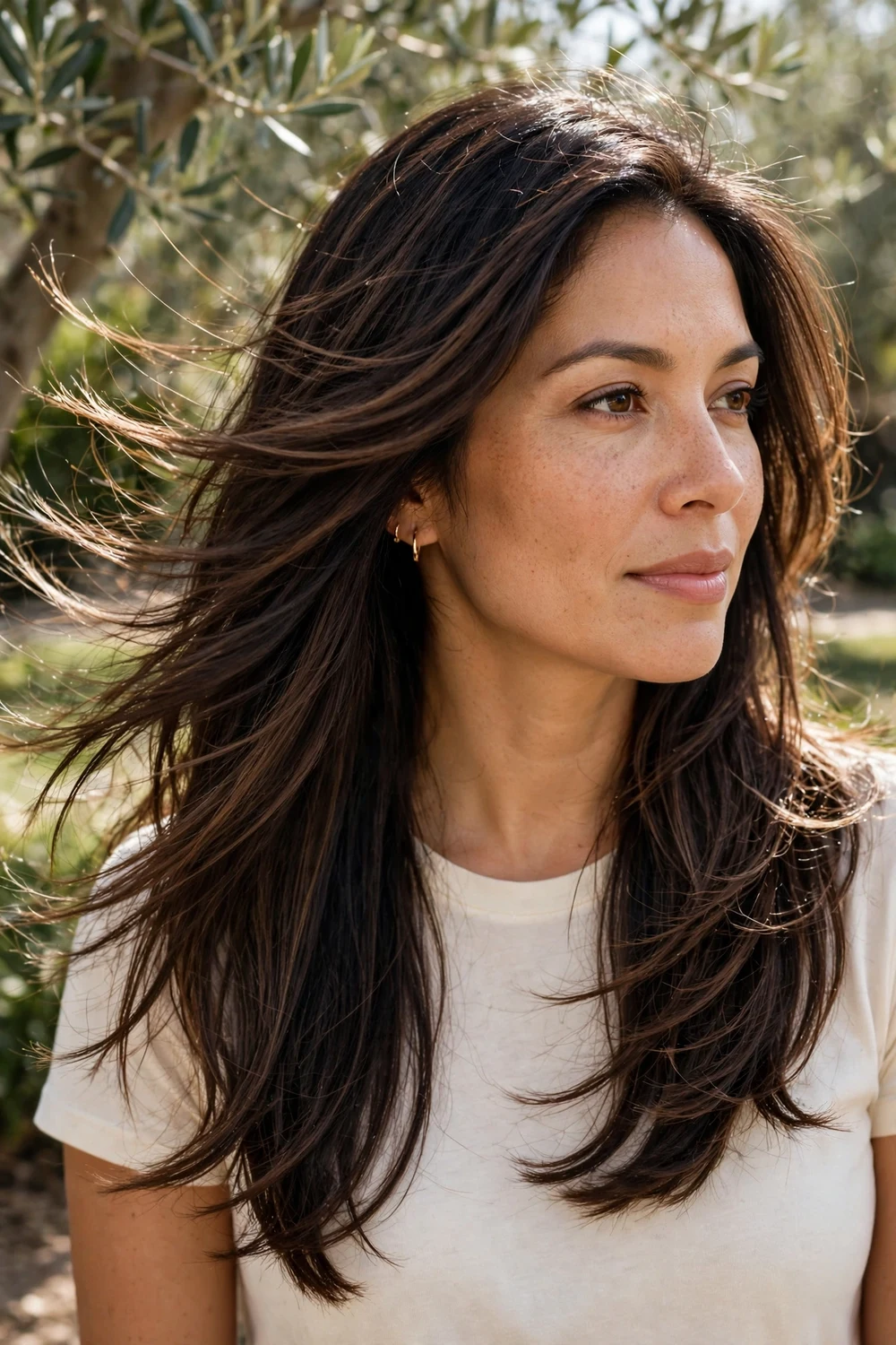 Latina woman in her 30s with long dark-brown hair cut with long internal layers