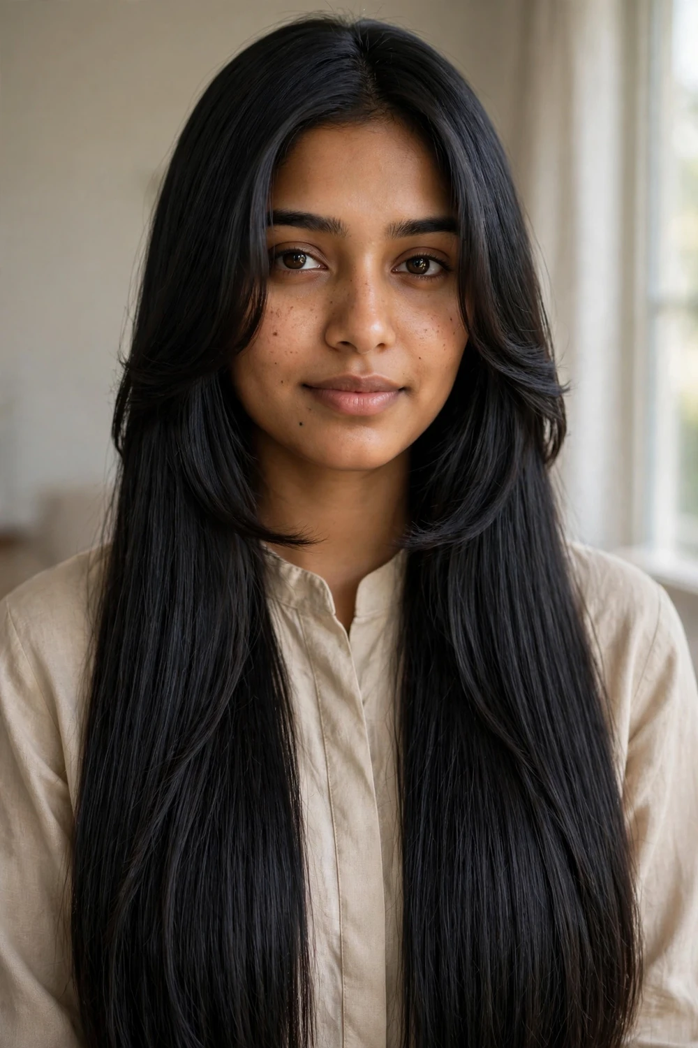 South Asian woman in her 20s with very long straight black hair and soft face-framing layers