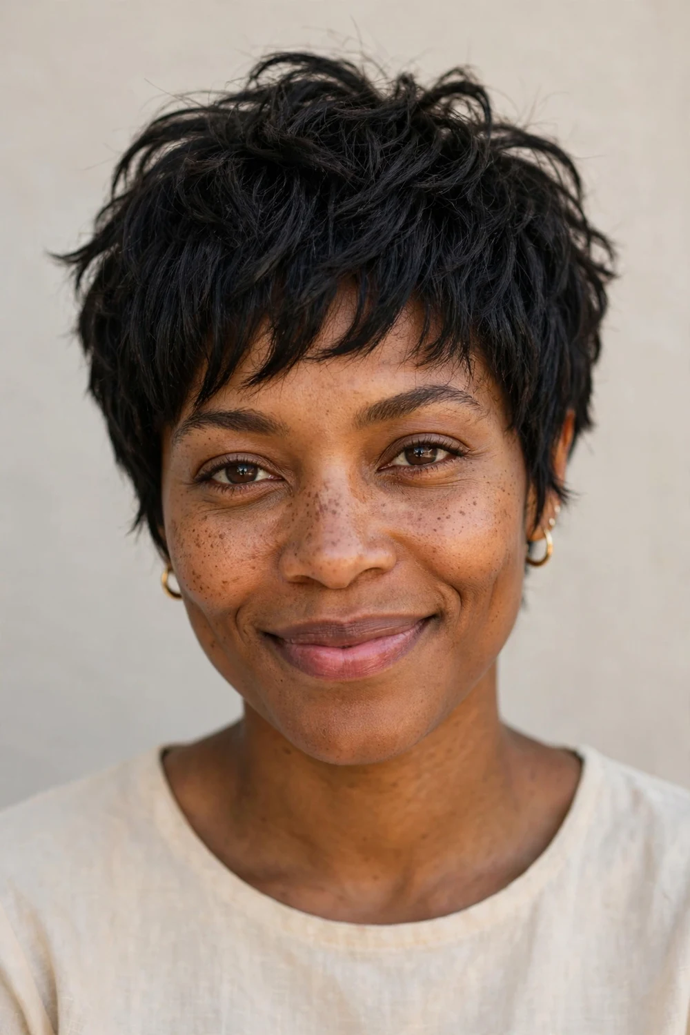 Black woman in her 30s with a short shaggy pixie with textured layers