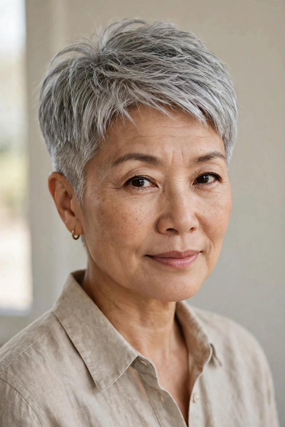 East Asian woman in her 50s with a silver-gray tapered pixie with a fuller textured top