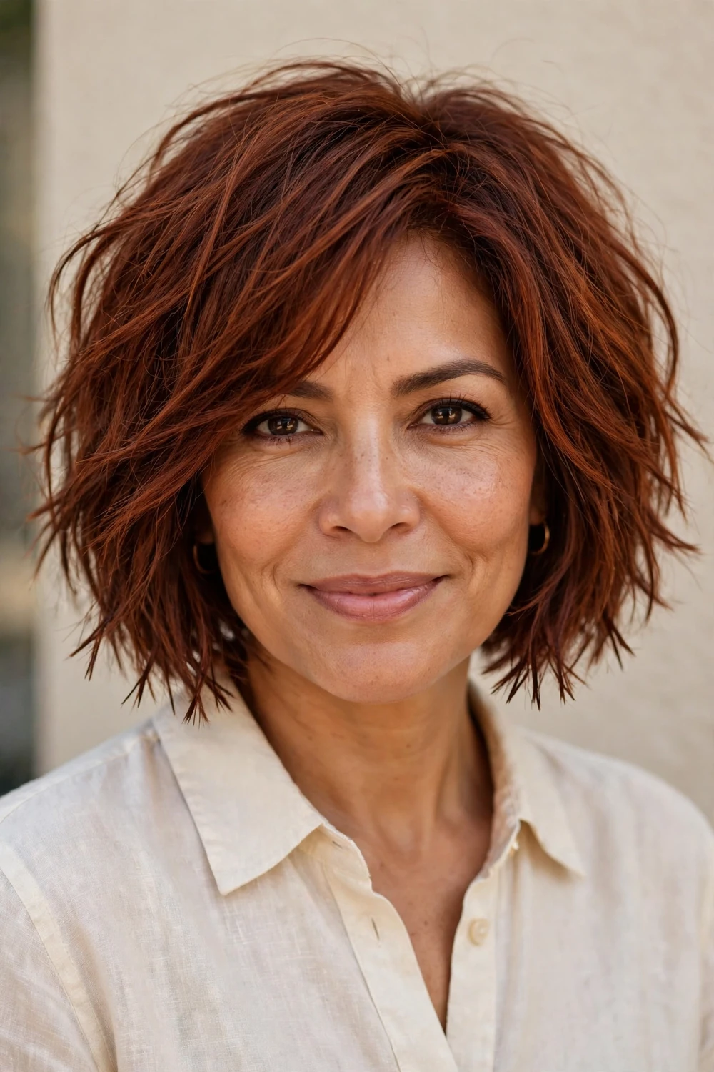 Latina woman in her 40s with an auburn chin-length bob with razor-textured ends