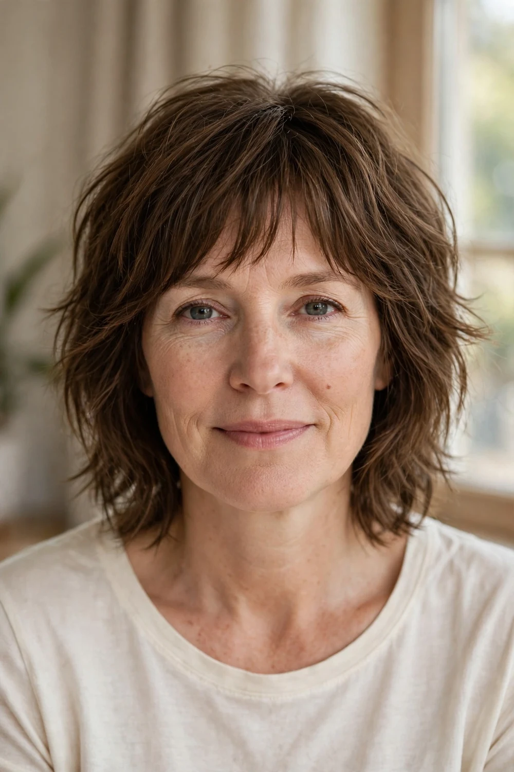 White woman in her 40s with a medium-brown textured shag haircut and piecey fringe