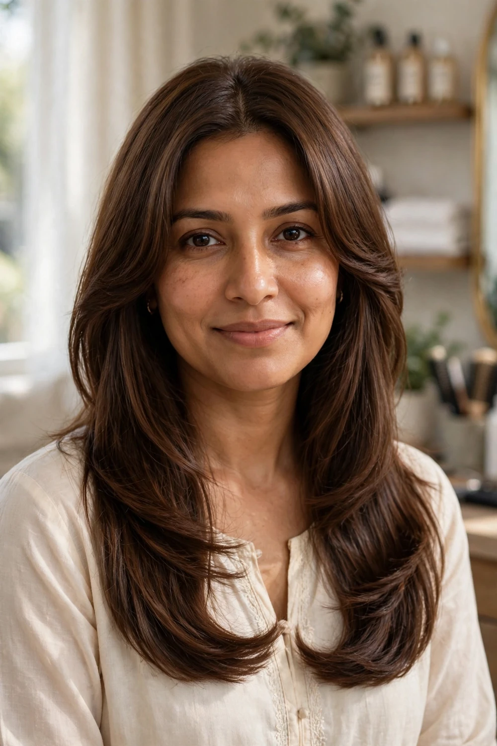 South Asian woman in her 30s with long brown hair in a U-cut with soft layers
