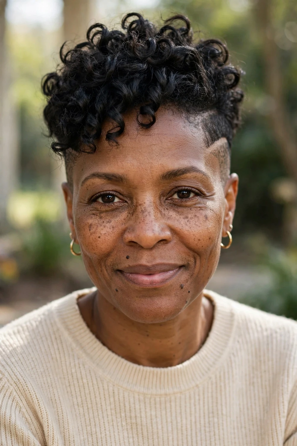 Black woman in her 40s with an undercut pixie with shaved sides and defined curls on top