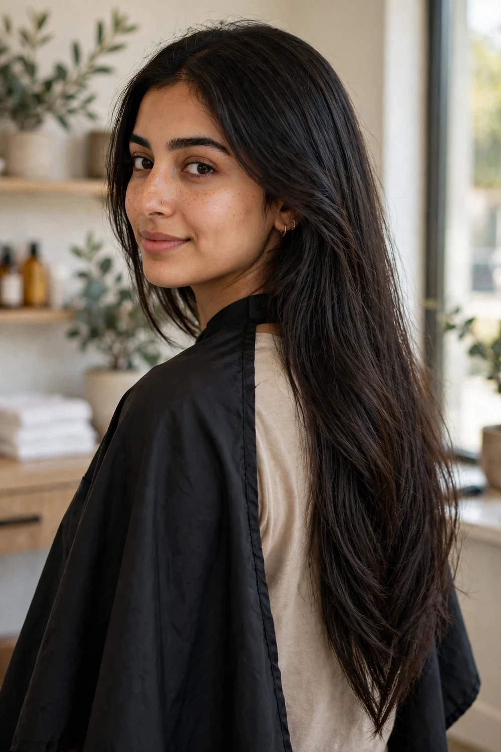 Middle Eastern woman in her 20s with very long dark hair in a V-cut with sliced layers