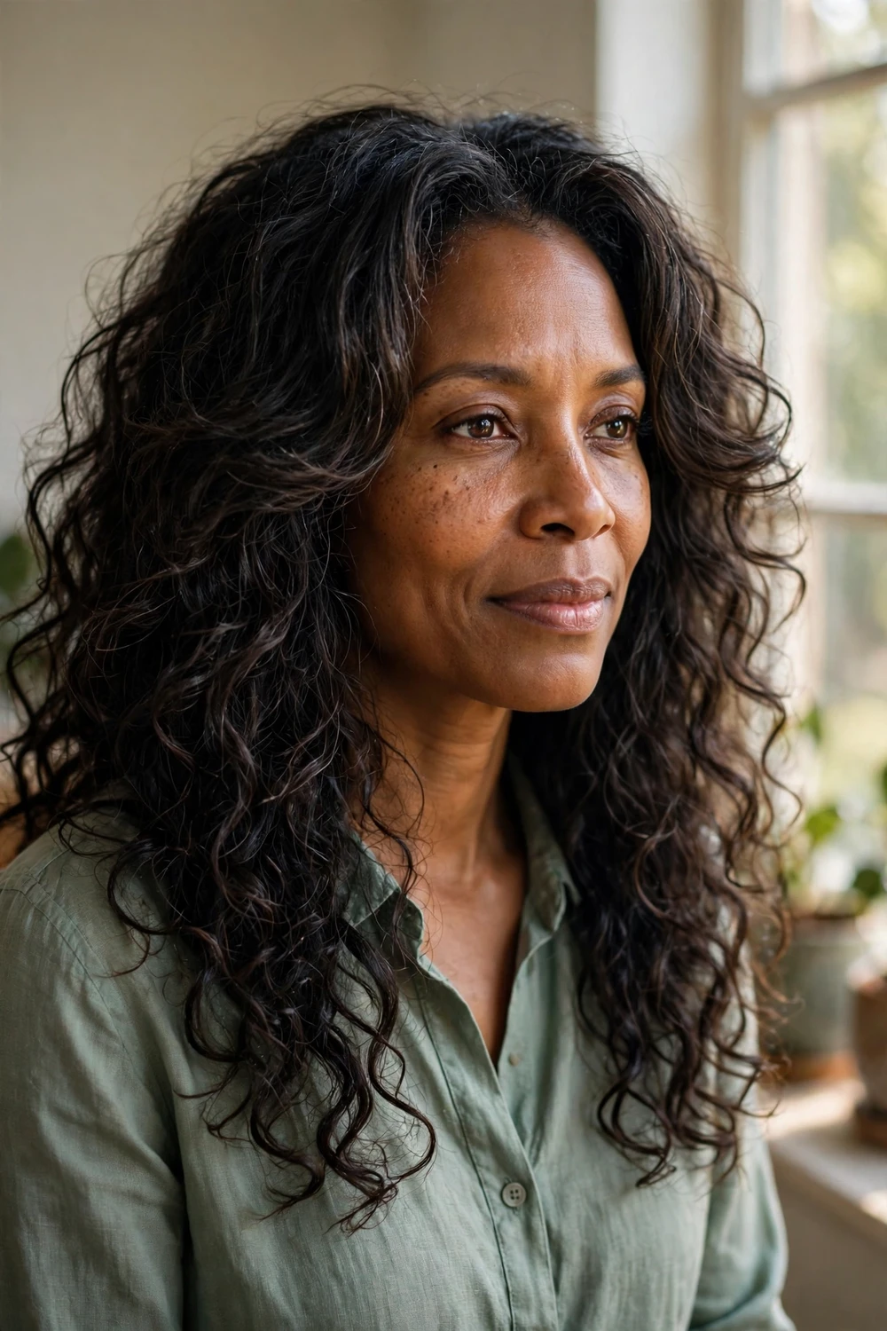 Black woman in her 40s with natural long curly hair in a layered wash-and-go cut