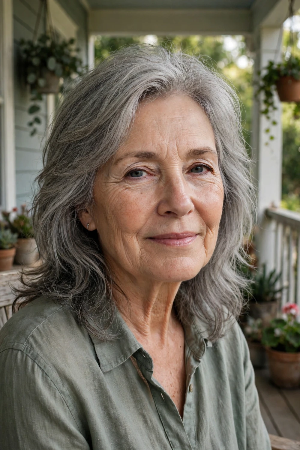 Woman in her 60s with an air-dried layered gray cut, natural texture and soft shape