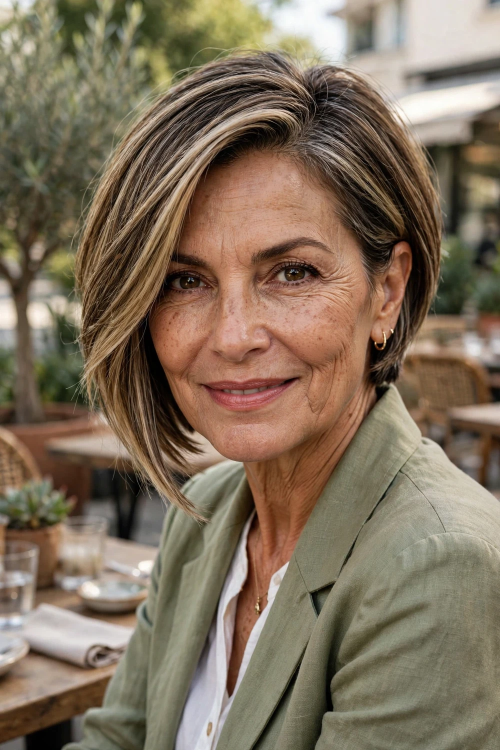 Woman in her 60s with an angled dark blonde bob, shorter at the back and longer in front