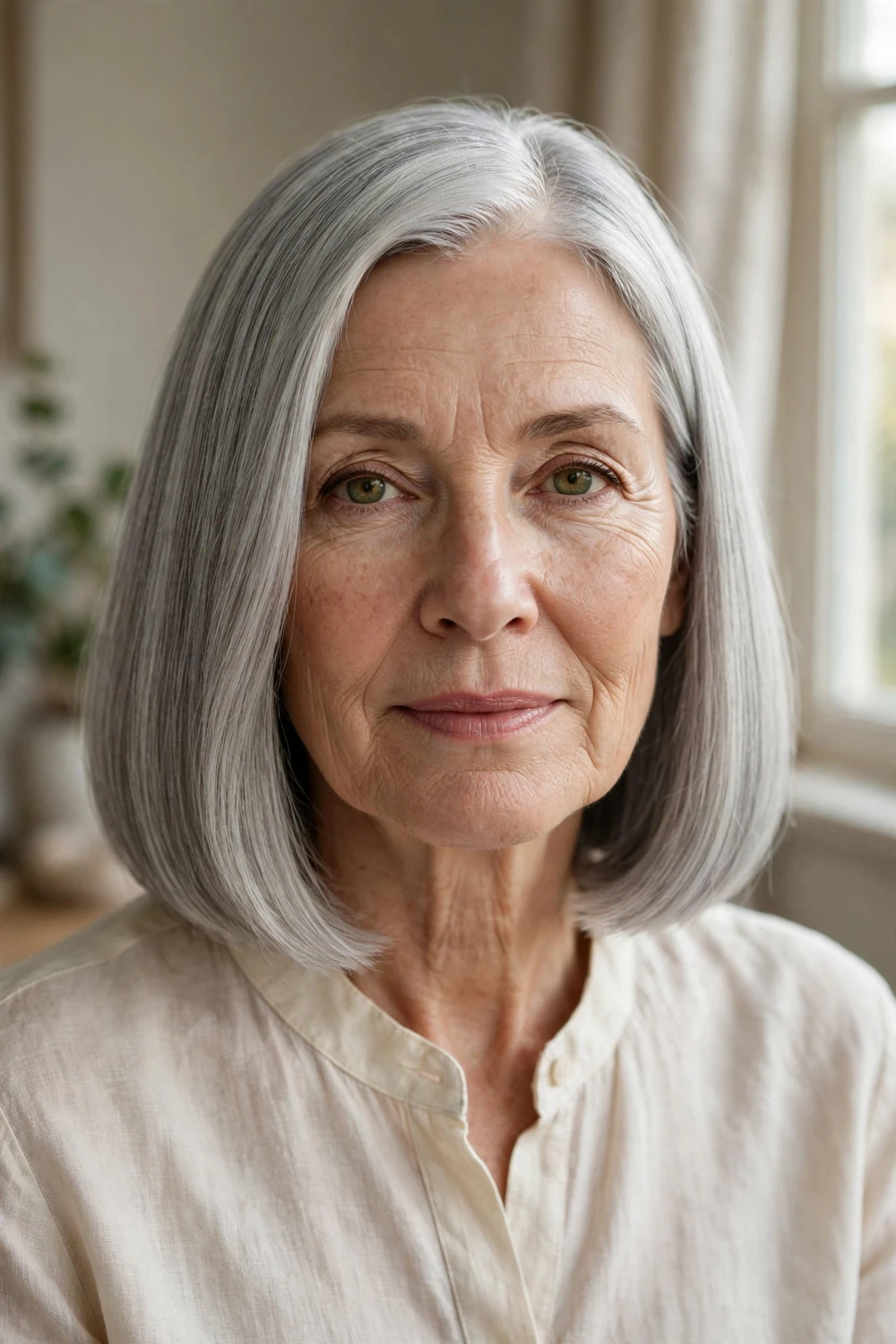 Woman in her 60s with a blunt collarbone-length silver cut, one-length ends