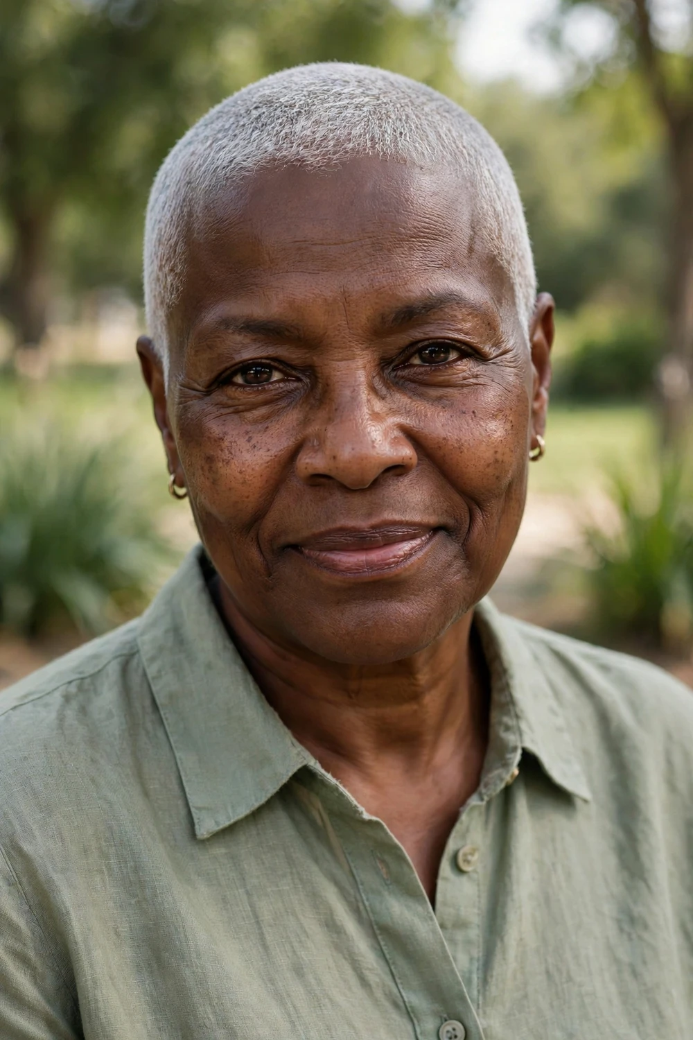 Woman in her 60s with a silver buzz cut, even clipper length all over