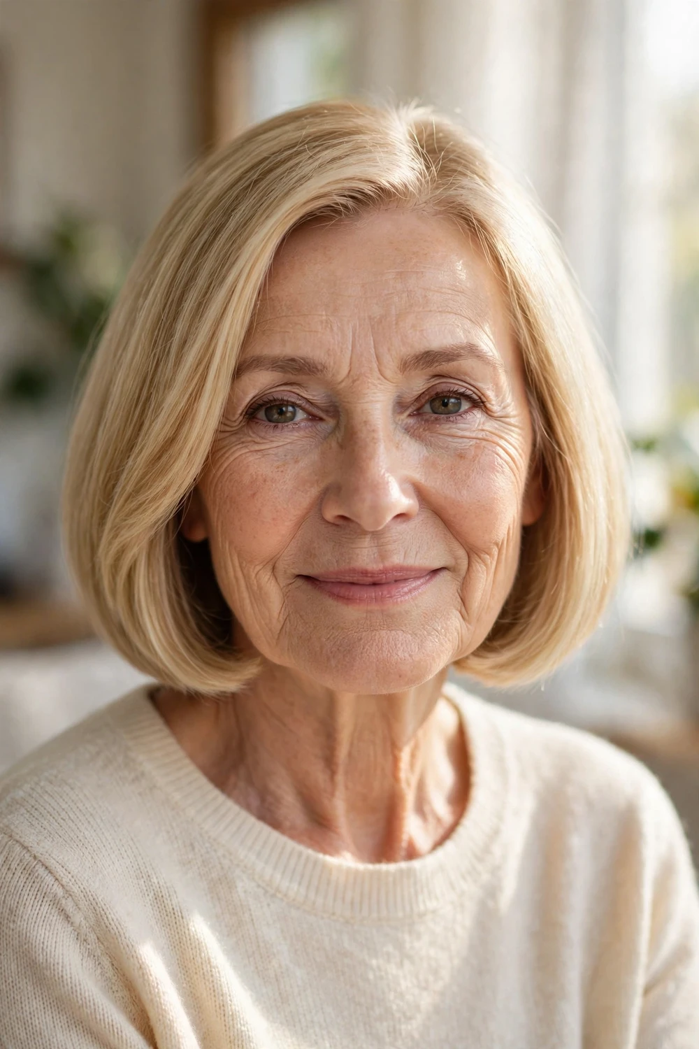 Woman in her 60s with a chin-length blonde bob framing her face softly