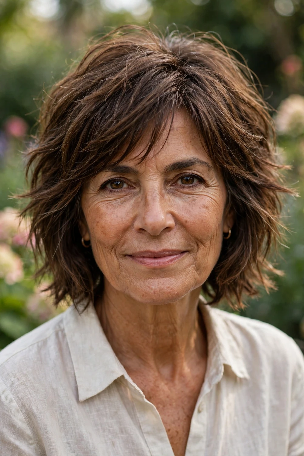 Woman in her 60s with choppy layered brown hair at chin length, piecey thickness