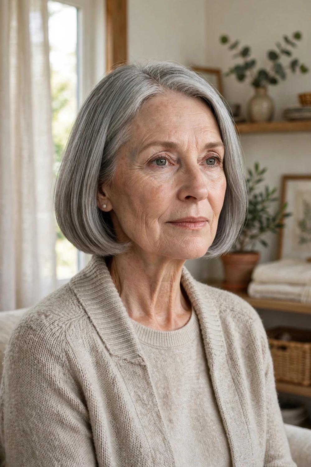 Woman in her 60s with a classic gray chin-length bob, clean one-length ends