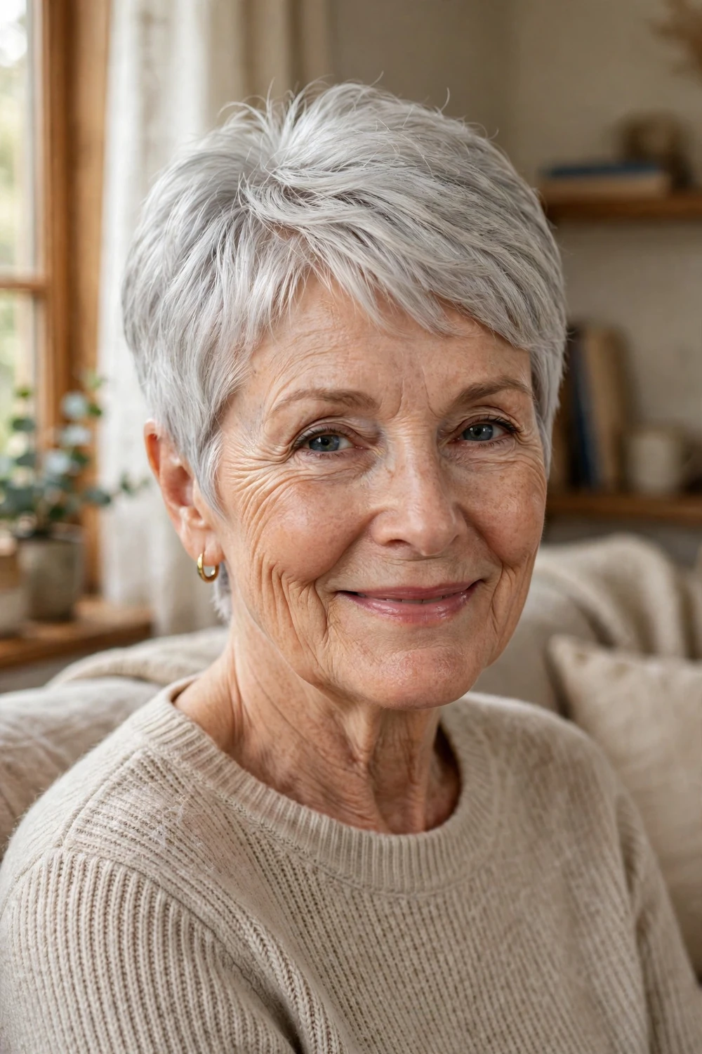Woman in her 60s with a classic silver pixie cut, tapered nape and soft volume on top