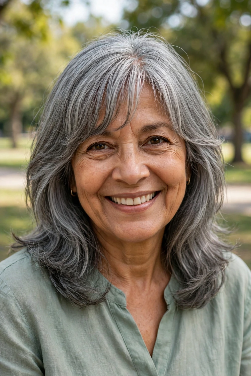 Woman in her 60s with curtain bangs and layered gray hair parted softly in the middle